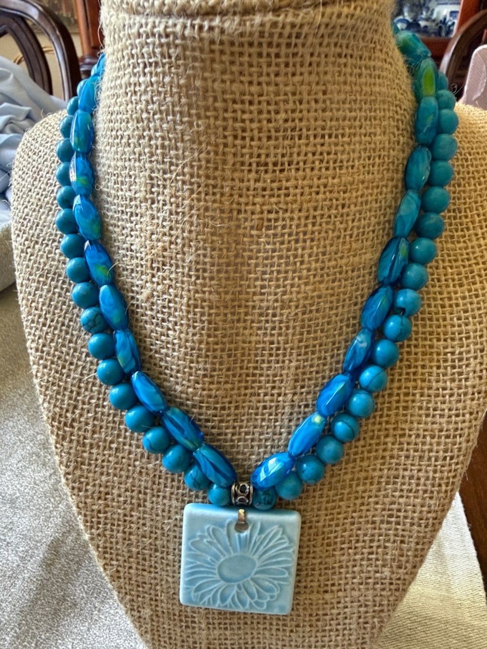 Turquoise & Glass Blue Floral ceramic Pendant Double-Strand Necklace